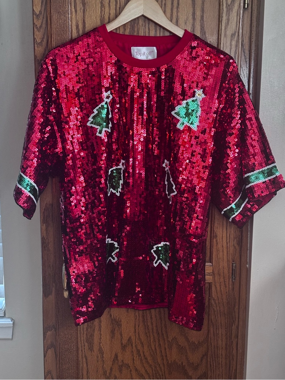 Top It Off Christmas Tree Sequin Crop Top Red, Green & White Women’s Size S/M
